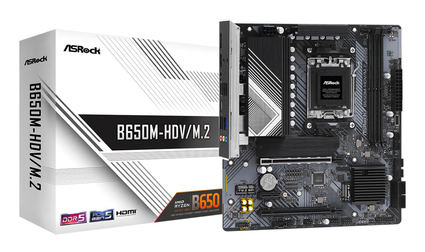 Mainboard|ASROCK|AMD B650|SAM5|Micro-ATX|Memory DDR5|Memory slots 2|1xPCI-Express 4.0 1x|2xPCI-Express 4.0 16x|1xM.2|1xHDMI|1xDisplayPort|1xAudio-In|1xAudio-Out|1xMicrophone|4xUSB 2.0|2xUSB 3.2|1xUSB-C|1xRJ45|B650M-HDV/M.2
