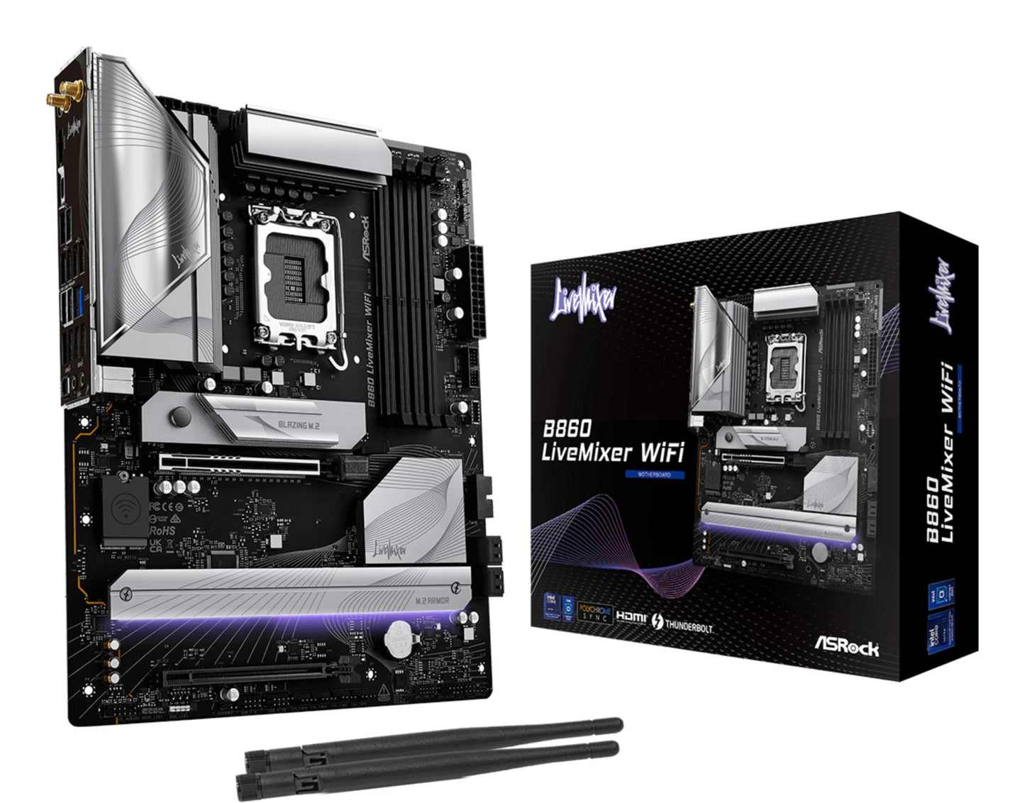 Emaplaat|ASROCK|Intel B860 Express|LGA1851|ATX|Mälu DDR5|Mälu pesad 4|1xPCI-Express 4.0 16x|1xPCI-Express 5.0 16x|1xM.2|1xHDMI|1xAudio-Out|1xMikrofon|6xUSB 2.0|6xUSB 3.2|1xUSB-C koos Thunderboltiga|1xOptical S/PDIF|1xRJ45|B860LIVEMIXERWIFI