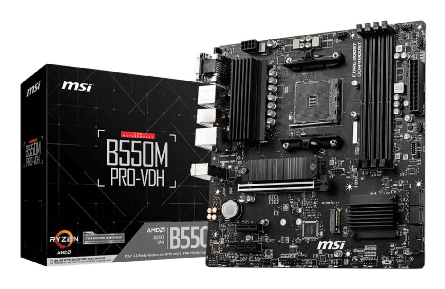 Mainboard|MSI|AMD B550|SAM4|MicroATX|Memory DDR4|Memory slots 4|2xPCI-Express 3.0 1x|1xPCI-Express 4.0 16x|2xM.2|1x15pin D-sub|1xHDMI|1xDisplayPort|2xAudio-In|1xAudio-Out|2xUSB 2.0|4xUSB 3.2|1xPS/2|1xRJ45|B550MPRO-VDH