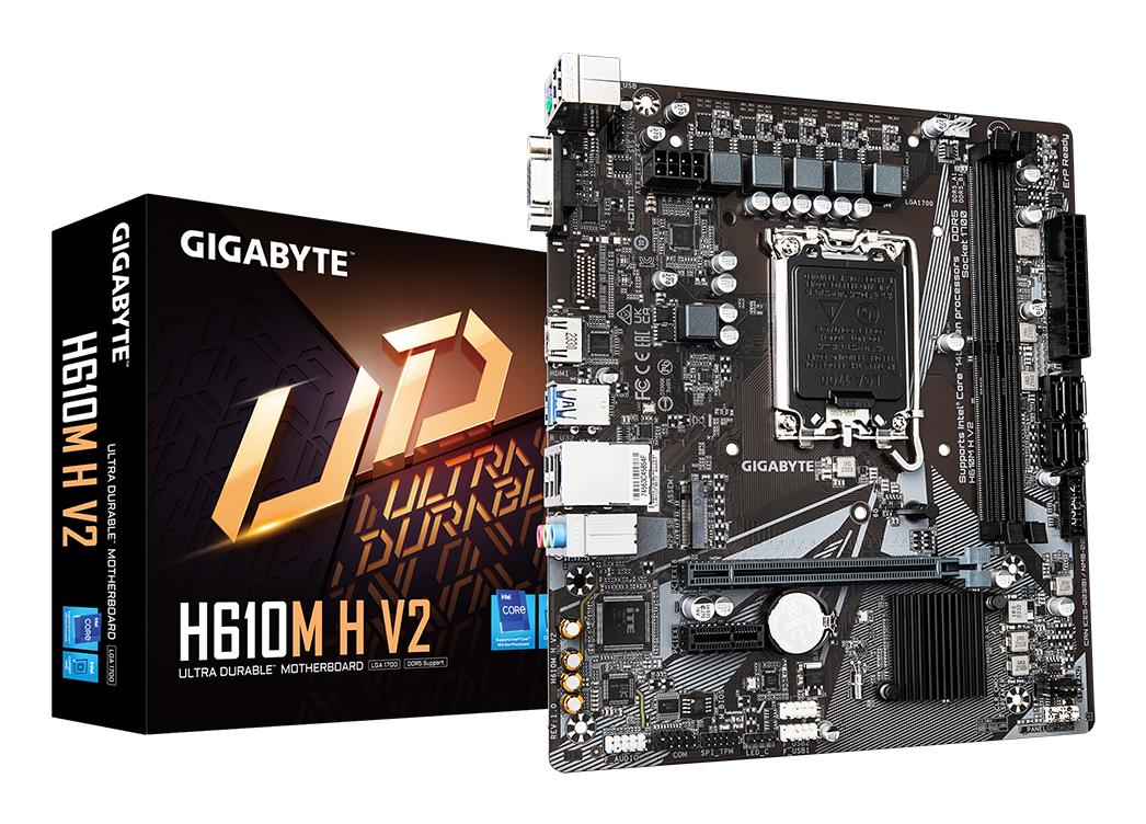 Peamine plaat|GIGABYTE|Intel H610|LGA1700|Micro-ATX|Mälu DDR5|Mälu pesad 2|1xPCI-Express 3.0 1x|1xPCI-Express 4.0 16x|1xM.2|1x15pin D-sub|1xHDMI|4xUSB 2.0|2xUSB 3.2|1xPS/2|1xRJ45|3xHeliport|H610MHV21.0