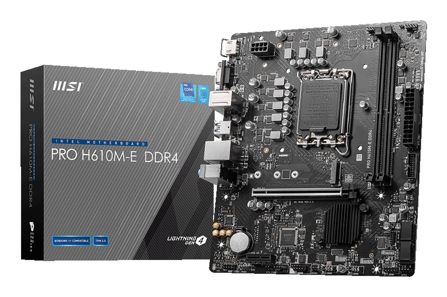 Emaplaat|MSI|Intel H610|LGA1700|MicroATX|Mälu DDR4|Mälu pesad 2|1xPCI-Express 1x|1xPCI-Express 16x|1xM.2|1x15pin D-sub|1xHDMI|4xUSB 2.0|2xUSB 3.2|1xPS/2|1xRJ45|3xAudio port|PROH610M-EDDR4
