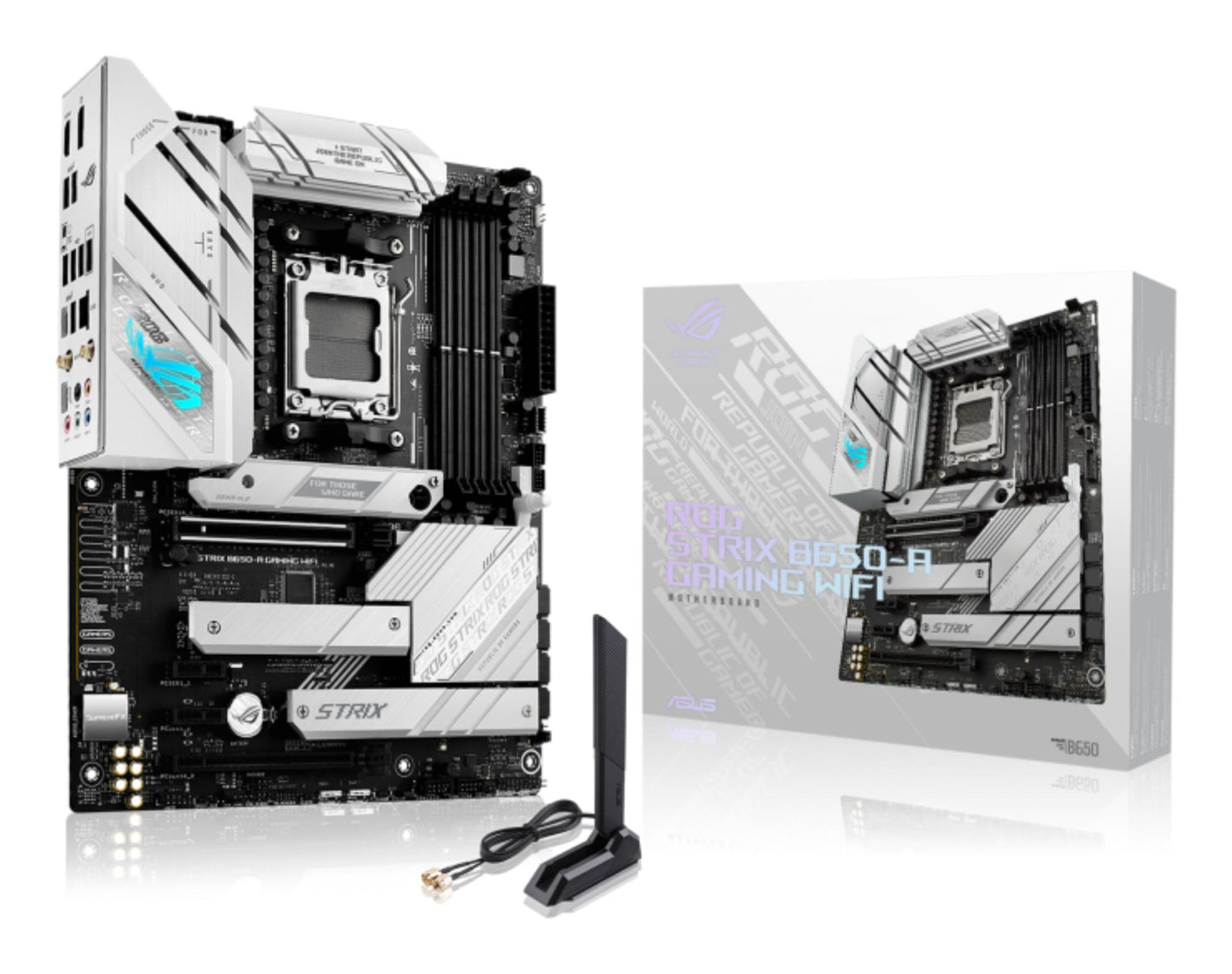 Peamine plaat|ASUS|AMD B650|SAM5|ATX|Mälu DDR5|Mälu pesad 4|2xPCI-Express 4.0 1x|1xPCI-Express 4.0 16x|3xM.2|1xHDMI|1xDisplayPort|4xUSB 2.0|3xUSB 3.2|2xUSB-C|1xRJ45|5xAudio port|ROGSTRIXB650-AGAMWIFI