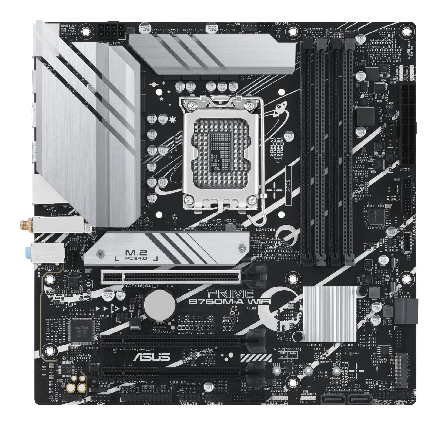 Emaplaat|ASUS|Intel B760 Express|LGA1700|Micro-ATX|Mälu DDR5|Mälu pesad 4|3xPCI-Express 4.0 16x|2xM.2|2xHDMI|1xDisplayPort|4xUSB 2.0|2xUSB 3.2|1xPS/2|1xRJ45|3xAudio port|PRIMEB760M-AWIFI