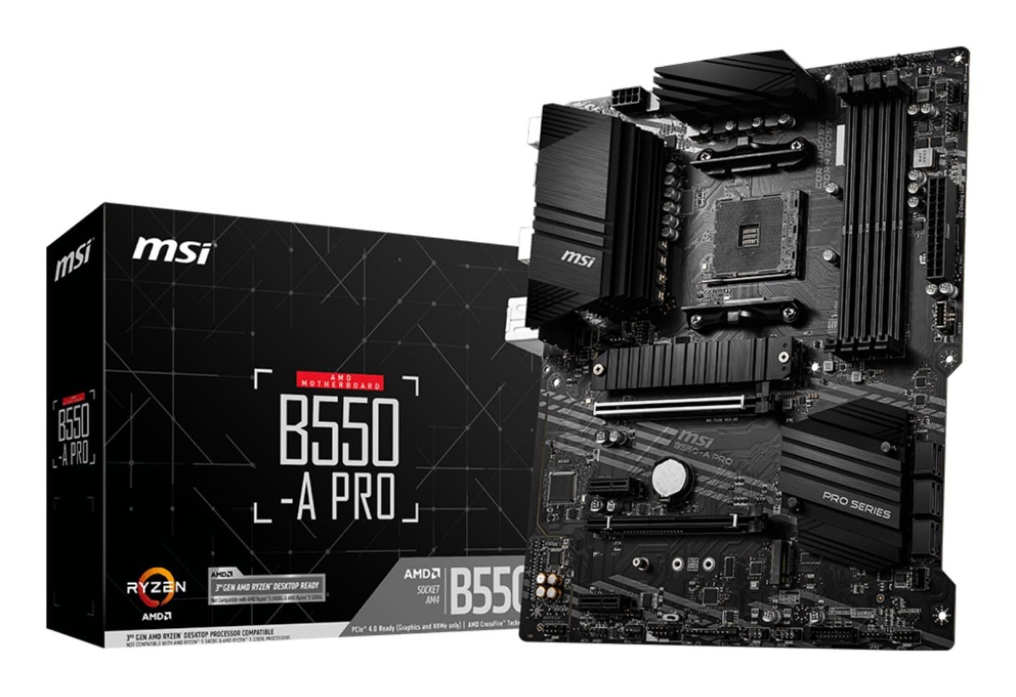 Peamine plaat|MSI|AMD B550|SAM4|ATX|2xPCI-Express 3.0 1x|1xPCI-Express 3.0 4x|2xM.2|1xPCI-Express 4.0 16x|Mälu DDR4|Mälu pesad 4|1xDisplayPort|2xAudio-In|4xAudio-Out|4xUSB 2.0|1xUSB tüüp C|3xUSB 3.2|1xPS/2|1xRJ45|B550-APRO