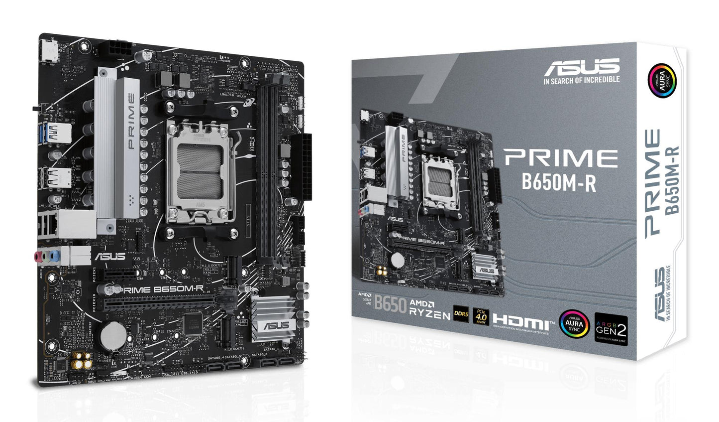Emaplaat|ASUS|AMD B650|SAM5|Micro-ATX|Mälu DDR5|Mälu pesad 2|1xPCI-Express 4.0 1x|2xPCI-Express 4.0 16x|2xM.2|1xHDMI|4xUSB 2.0|2xUSB 3.2|1xRJ45|3xAudio port|PRIMEB650M-R