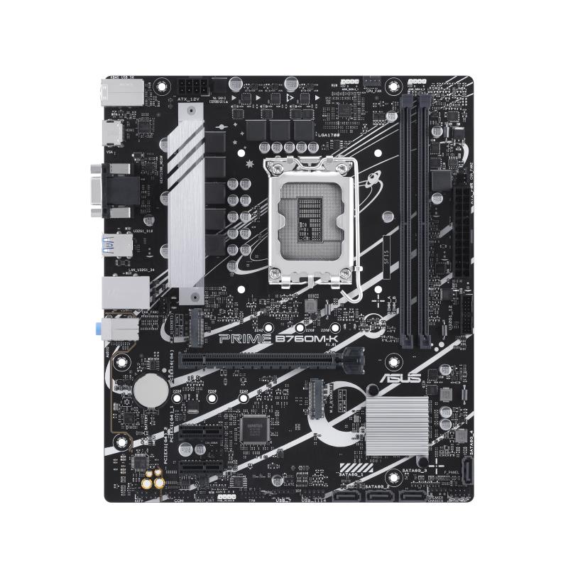 Peamine plaat|ASUS|Intel B760 Express|LGA1700|Micro-ATX|Mälu DDR5|Mälu pesad 2|2xPCI-Express 4.0 1x|1xPCI-Express 4.0 16x|2xM.2|1x15pin D-sub|1xHDMI|2xUSB 2.0|4xUSB 3.2|1xPS/2|1xRJ45|3xAudio port|PRIMEB760M-K