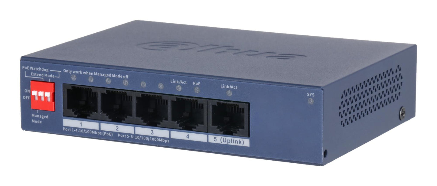 Lüliti|DAHUA|DH-CS4005-4ET1GT-36|Lüliti kiht L2|4xRJ-45 pordi|RJ-45 Pordid Tüüp Kiire Ethernet (10/100)|1xGigabit Ethernet (vasest) pordi arv|4xPower over Ethernet (PoE) pordi arv|Kokku Power over Ethernet (PoE) eelarve 36 W|CS4005-4ET1GT-36