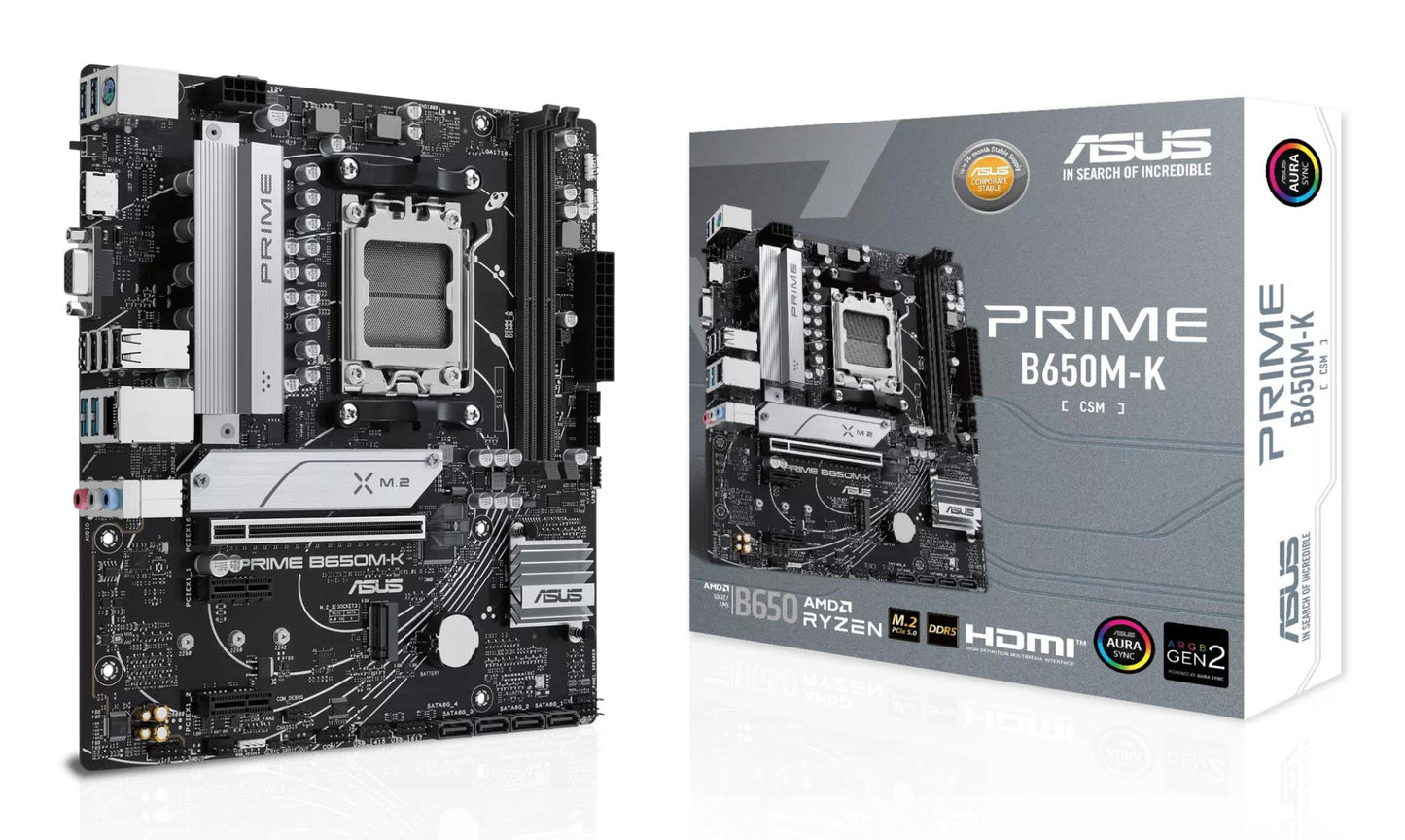 Peamine plaat|ASUS|AMD B650|SAM5|Micro-ATX|Mälu DDR5|Mälu pesad 2|2xPCI-Express 4.0 1x|1xPCI-Express 4.0 16x|2xM.2|1x15pin D-sub|1xHDMI|4xUSB 2.0|4xUSB 3.2|1xPS/2|1xRJ45|3xAudio port|PRIMEB650M-K