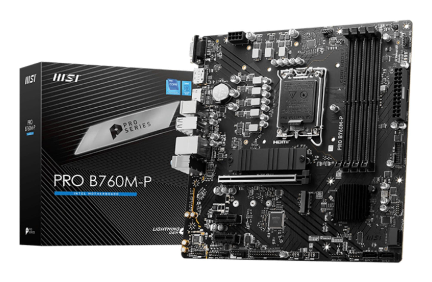 Emaplaat|MSI|Intel B760 Express|LGA1700|Micro-ATX|Mälu DDR5|Mälu pesad 4|2xPCI-Express 1x|1xPCI-Express 16x|2xM.2|1x15pin D-sub|1xHDMI|1xDisplayPort|4xUSB 2.0|1xUSB 3.2|1xUSB-C|2xPS/2|1xRJ45|3xAudio port|PROB760M-P