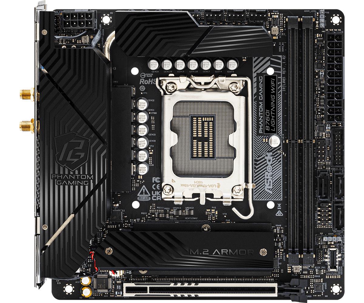 Mainboard|ASROCK|Intel B760 Express|LGA1700|Mini-ITX|Memory DDR5|Memory slots 2|1xPCI-Express 5.0 16x|3xM.2|1xHDMI|1xDisplayPort|5xUSB 3.2|1xUSB-C|1xOptical S/PDIF|1xRJ45|2xAudio port|B760ILIGHTNINGWIFI