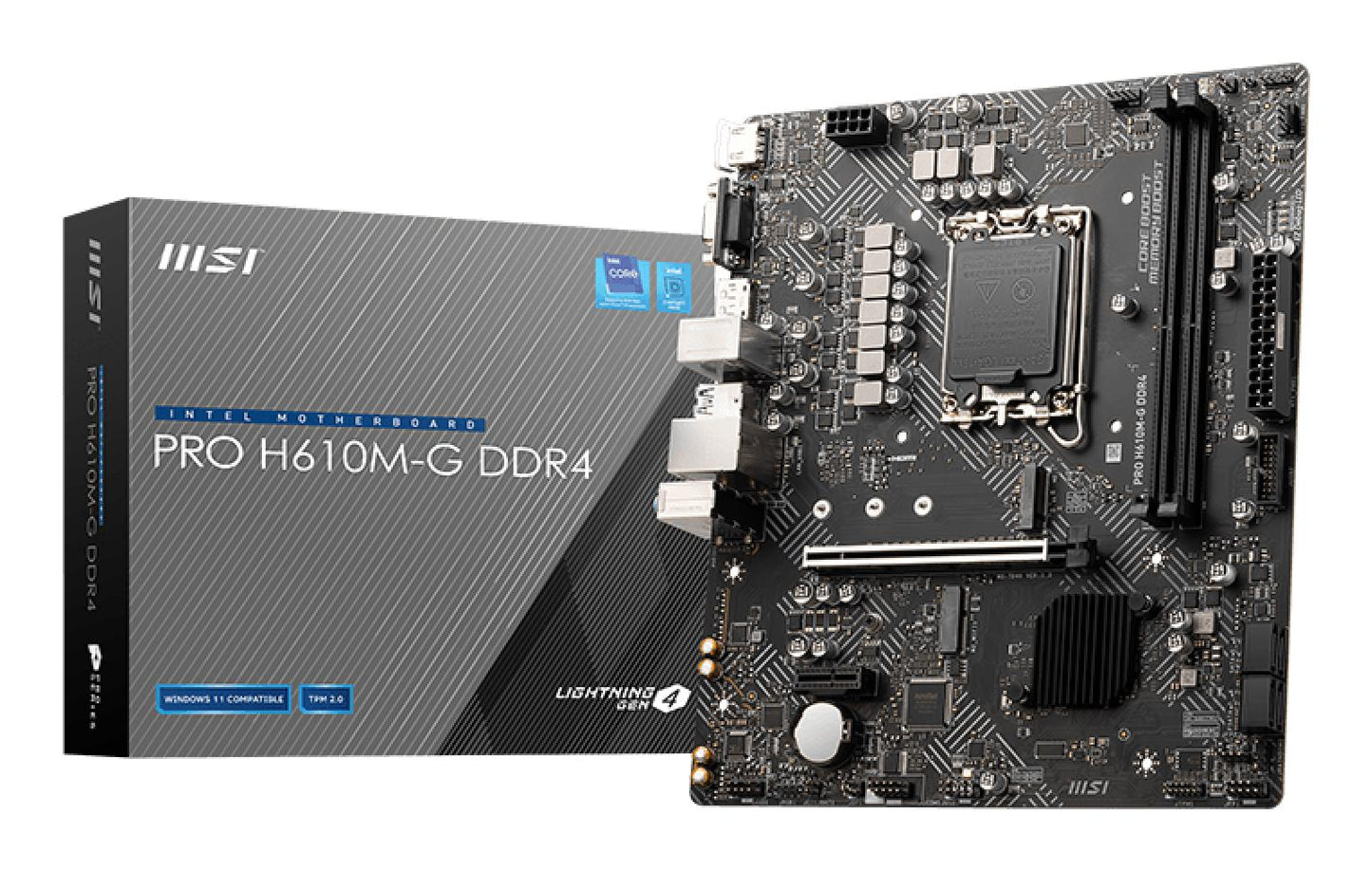 Mainboard|MSI|Intel H610|LGA1700|MicroATX|Memory DDR4|Memory slots 2|1xPCI-Express 3.0 1x|1xPCI-Express 4.0 16x|1xM.2|1x15pin D-sub|1xHDMI|1xDisplayPort|2xAudio-In|1xAudio-Out|4xUSB 2.0|2xUSB 3.2|1xPS/2|1xRJ45|PROH610M-GDDR4