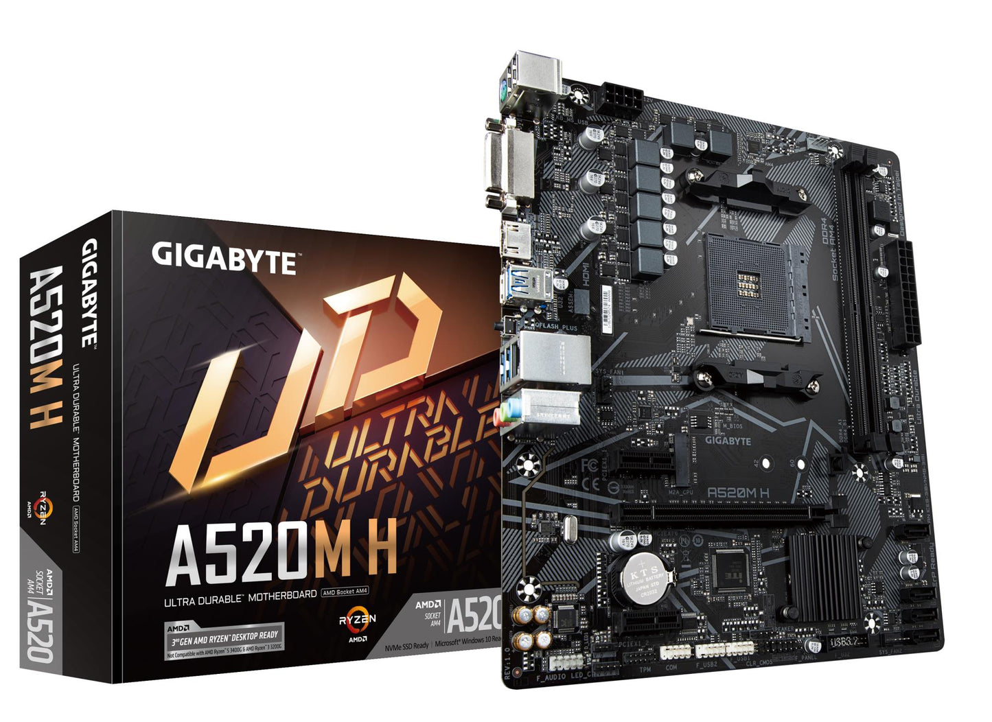 Emaplaat|GIGABYTE|AMD A520|SAM4|Micro-ATX|Mälu DDR4|Mälu pesad 2|2xPCI-Express 3.0 1x|1xPCI-Express 3.0 16x|1xM.2|1xDVI-D|1xHDMI|1xAudio-In|2xAudio-Out|2xUSB 2.0|4xUSB 3.2|1xPS/2|1xRJ45|A520MH1.2