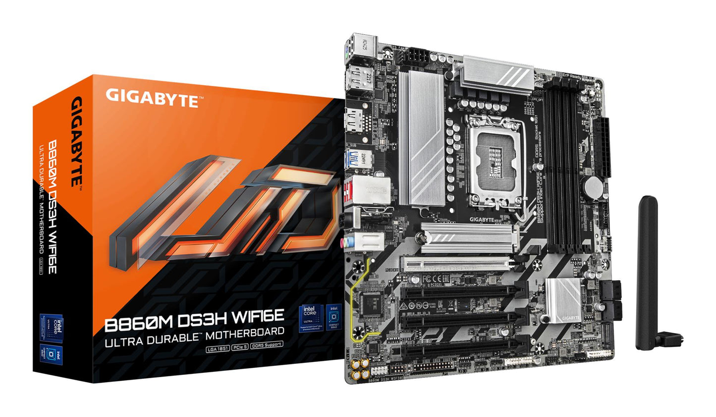Emaplaat|GIGABYTE|Intel B860 Express|LGA1851|Micro-ATX|Mälu DDR5|Mälu pesad 4|4xPCI-Express 4.0 16x|1xPCI-Express 5.0 16x|2xM.2|1xHDMI|2xDisplayPort|1xAudio-In|1xAudio-Out|1xMikrofon|3xUSB 2.0|1xUSB-C|1xPS/2|1xRJ45|B860MDS3HWIFI6E1.0