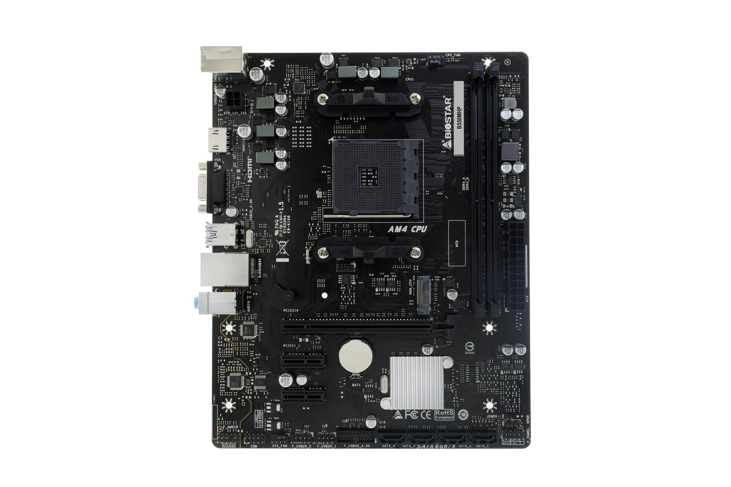 Peakaart|BIOSTAR|AMD B550|SAM4|Micro-ATX|Mälu DDR4|Mälu pesad 2|2xPCI-Express 3.0 1x|1xPCI-Express 3.0 16x|1xPCI-Express 4.0 16x|1xM.2|1x15pin D-sub|1xHDMI|8xUSB 2.0|4xUSB 3.2|1xPS/2|1xRJ45|3xHeliport|B550MHP