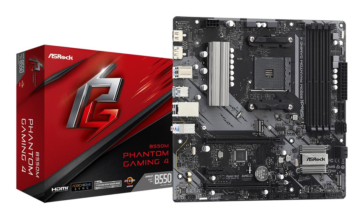 Emaplaat|ASROCK|AMD B550|SAM4|MicroATX|1xPCI-Express 3.0 1x|1xPCI-Express 3.0 4x|2xM.2|1xPCI-Express 4.0 16x|Mälu DDR4|Mälu pesad 4|1xHDMI|1xDisplayPort|2xAudio-In|1xAudio-Out|2xUSB 2.0|4xUSB 3.2|1xPS/2|1xRJ45|B550MPHANTOMGAMING4
