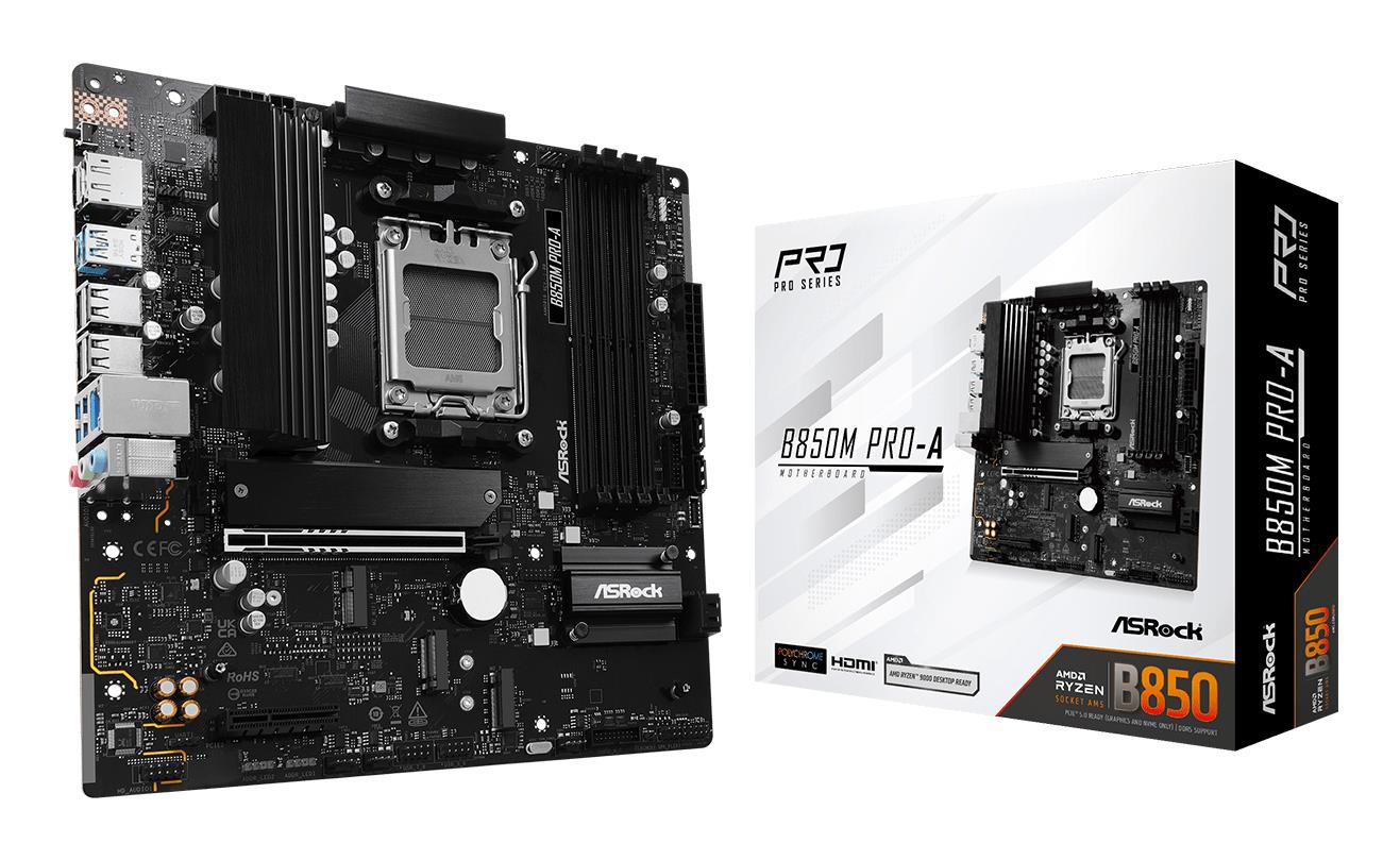 Mainboard|ASROCK|AMD B850|SAM5|Micro-ATX|Memory DDR5|Memory slots 4|1xPCI-Express 4.0 4x |1xPCI-Express 5.0 16x|1xM.2|1xHDMI|1xDisplayPort|1xAudio-In|1xAudio-Out|1xMicrophone|4xUSB 2.0|3xUSB 3.2|1xUSB-C|1xRJ45|B850MPRO-A