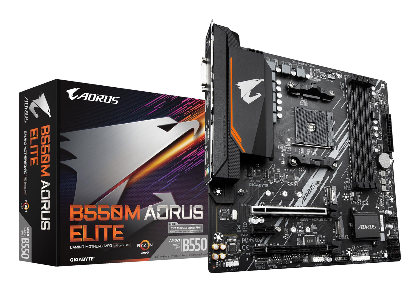 Peakaart|GIGABYTE|AMD B550|SAM4|Micro-ATX|Mälu DDR4|Mälu pesad 4|1xPCI-Express 3.0 1x|1xPCI-Express 3.0 4x|1xPCI-Express 4.0 16x|2xM.2|1xDVI-D|1xHDMI|2xAudio-In|1xAudio-Out|4xUSB 2.0|4xUSB 3.2|1xPS/2|1xRJ45|B550MAORUSELITE1.3