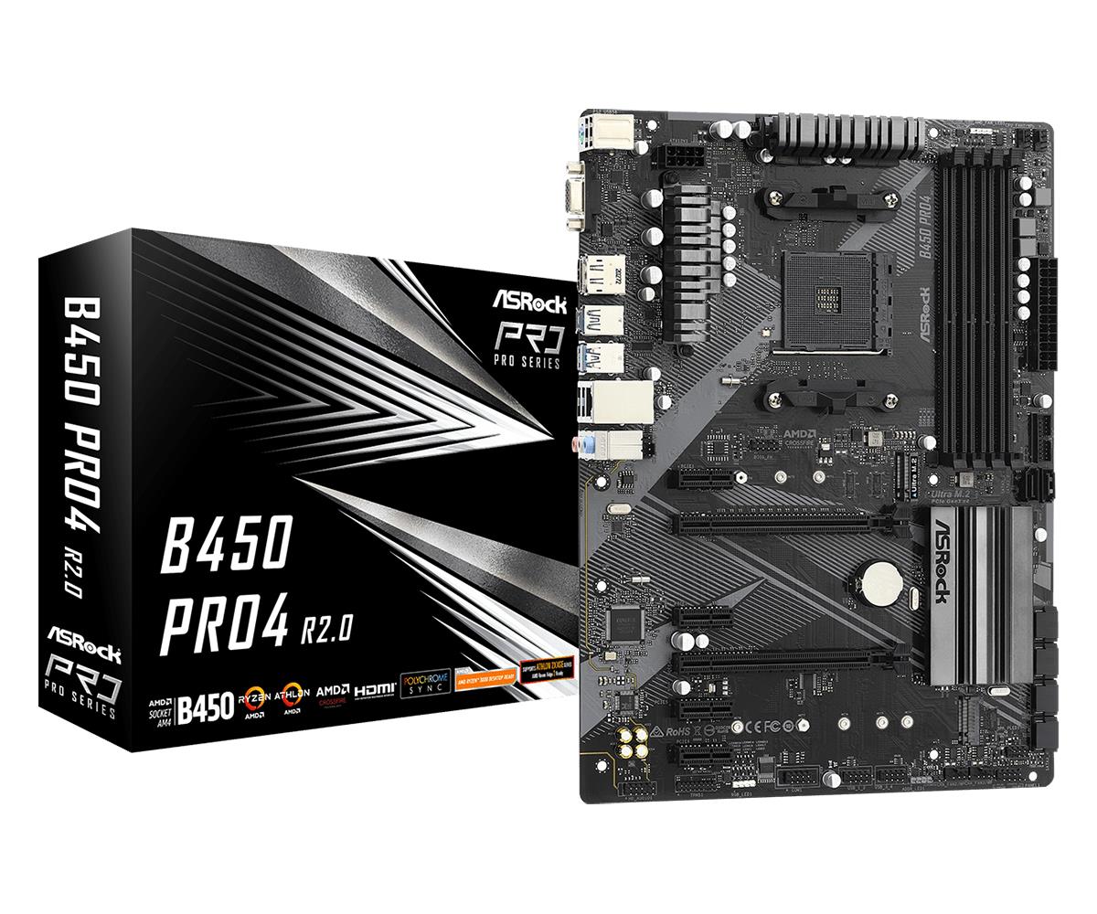 Peakaart|ASROCK|AMD B450|SAM4|ATX|4xPCI-Express 2.0 1x|2xPCI-Express 3.0 16x|2xM.2|Mälu DDR4|Mälu pesad 4|1x15pin D-sub|1xHDMI|1xDisplayPort|2xAudio-In|1xAudio-Out|2xUSB 2.0|1xUSB type C|5xUSB 3.2|1xPS/2|1xRJ45|B450PRO4R2.0