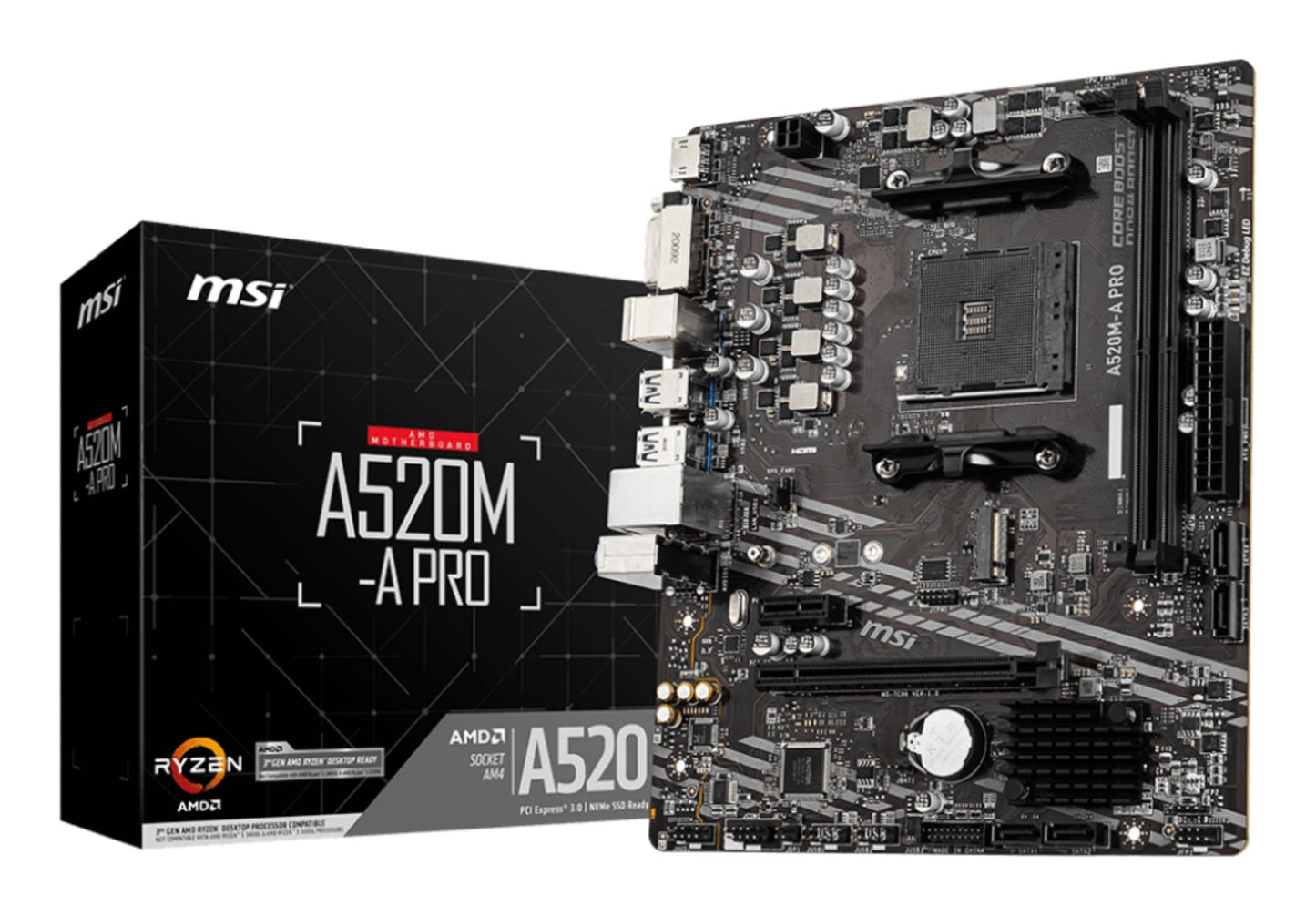 Mainboard|MSI|AMD A520|SAM4|MicroATX|1xPCI-Express 3.0 1x|1xPCI-Express 3.0 16x|1xM.2|Memory DDR4|Memory slots 2|1xDVI|1xHDMI|2xAudio-Out|2xUSB 2.0|4xUSB 3.2|1xRJ45|A520M-APRO