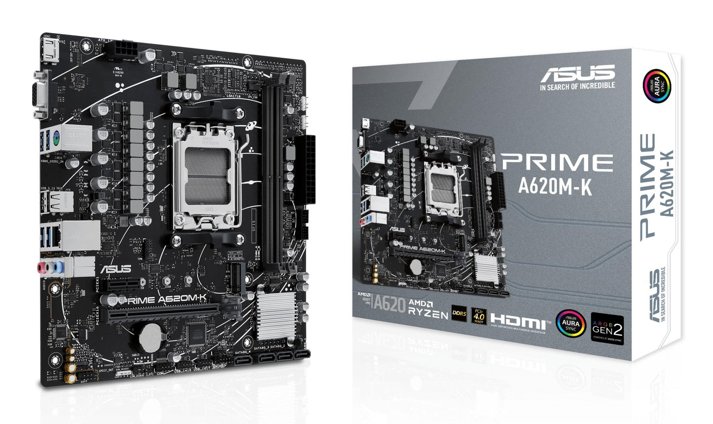 Emaplaat|ASUS|AMD A620|Micro-ATX|Mälu DDR5|Mälu pesad 2|1xPCI-Express 3.0 1x|1xPCI-Express 4.0 16x|1xM.2|1x15pin D-sub|1xHDMI|2xUSB 2.0|4xUSB 3.2|1xPS/2|1xRJ45|3xAudio port|PRIMEA620M-K