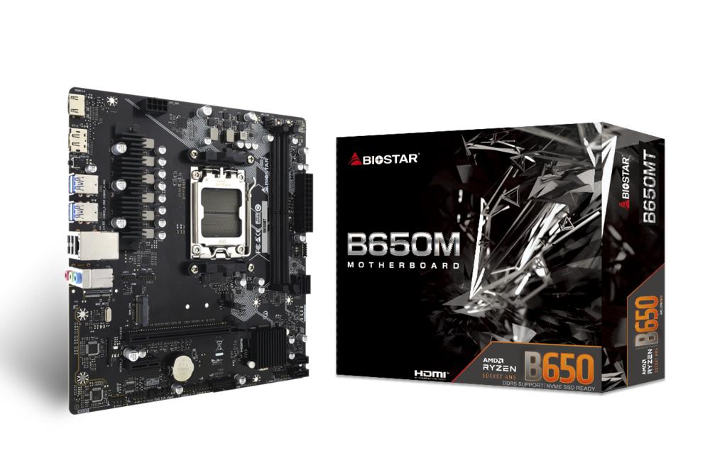 Peamine plaat|BIOSTAR|AMD B650|SAM5|Micro-ATX|Mälu DDR5|Mälu pesad 2|1xPCI-Express 3.0 1x|1xPCI-Express 4.0 16x|1xM.2|1xHDMI|1xDisplayPort|2xUSB 2.0|4xUSB 3.2|1xRJ45|3xAudio port|B650MT