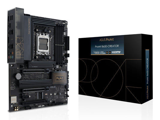 Mainboard|ASUS|AMD B650|SAM5|ATX|Memory DDR5|Memory slots 4|1xPCI-Express 4.0 1x|3xPCI-Express 4.0 16x|3xM.2|1xHDMI|1xDisplayPort|2xUSB 2.0|3xUSB 3.2|2xUSB-C|1xOptical S/PDIF|2xRJ45|5xAudio port|PROARTB650-CREATOR