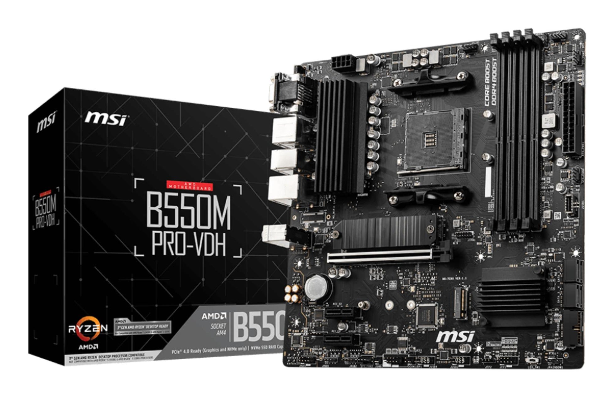 Mainboard|MSI|AMD B550|SAM4|MicroATX|Memory DDR4|Memory slots 4|2xPCI-Express 3.0 1x|1xPCI-Express 4.0 16x|2xM.2|1x15pin D-sub|1xHDMI|1xDisplayPort|2xAudio-In|1xAudio-Out|2xUSB 2.0|4xUSB 3.2|1xPS/2|1xRJ45|B550MPRO-VDH