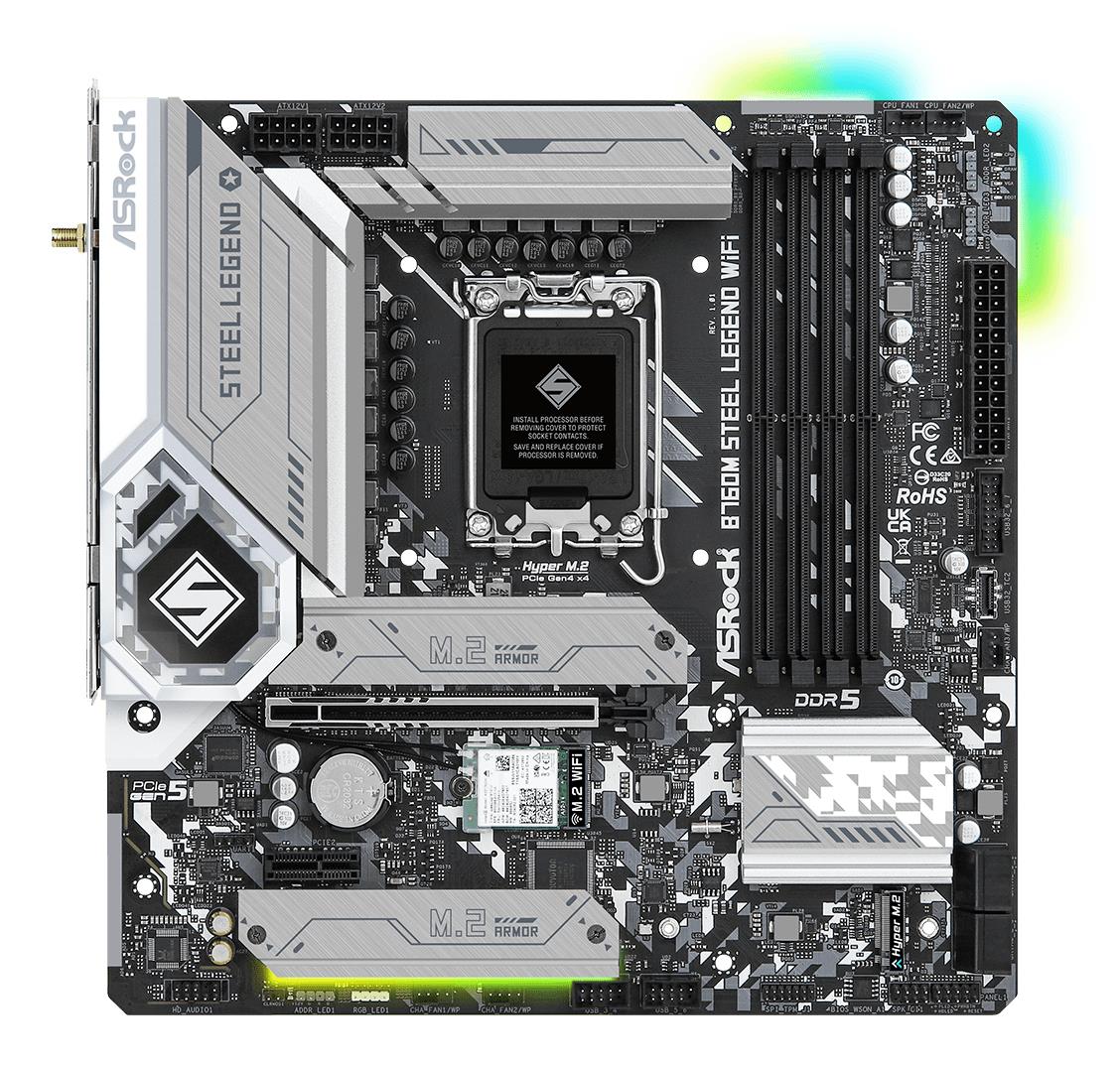 Mainboard|ASROCK|Intel B760 Express|LGA1700|Micro-ATX|Memory DDR5|Memory slots 4|1xPCI-Express 4.0 1x|1xPCI-Express 5.0 16x|4xM.2|1xHDMI|1xDisplayPort|2xUSB 2.0|5xUSB 3.2|1xUSB-C|1xPS/2|1xRJ45|3xAudio port|B760MSTEELLEGENDWIFI