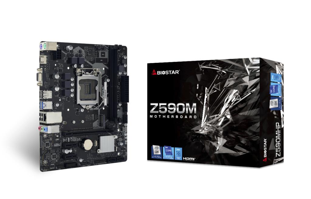 Peamine plaat|BIOSTAR|Intel Z590 Express|LGA1200|Micro-ATX|Mälu DDR4|Mälu pesad 2|2xPCI-Express 3.0 1x|1xPCI-Express 4.0 16x|1xM.2|1x15pin D-sub|1xHDMI|4xUSB 2.0|2xUSB 3.2|2xPS/2|1xRJ45|3xAudio port|Z590MHP