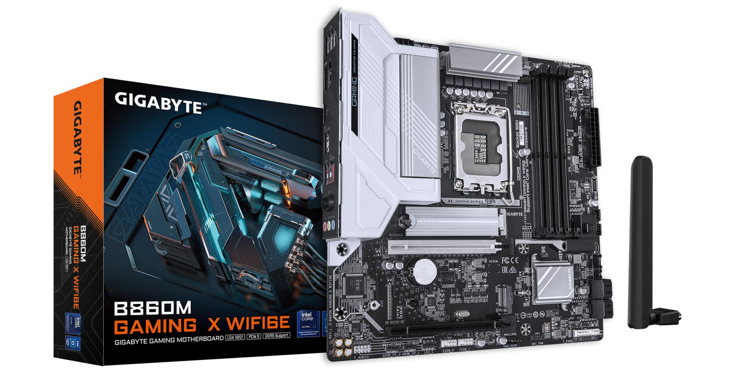 Emaplaat|GIGABYTE|Intel B860 Express|LGA1851|Micro-ATX|Mälu DDR5|Mälu pesad 4|2xPCI-Express 16x|2xM.2|1xHDMI|1xDisplayPort|1xAudio-In|1xAudio-Out|1xMikrofon|5xUSB 2.0|3xUSB 3.2|1xUSB-C|1xRJ45|B860MGAMINGXWIFI6E1.0