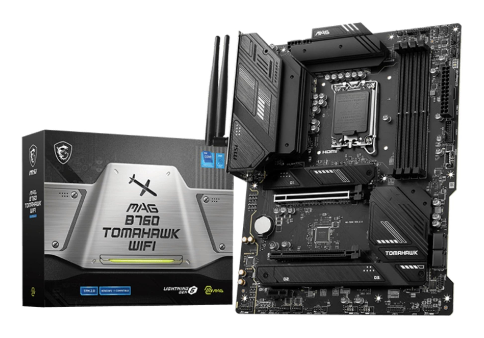 Emaplaat|MSI|Intel B760 Express|LGA1700|ATX|Mälu DDR5|Mälu pesad 4|1xPCI-Express 1x|2xPCI-Express 16x|3xM.2|1xHDMI|1xDisplayPort|4xUSB 2.0|4xUSB 3.2|1xUSB-C|1xOptical S/PDIF|1xRJ45|5xAudio port|MAGB760TOMAHAWKWIFI