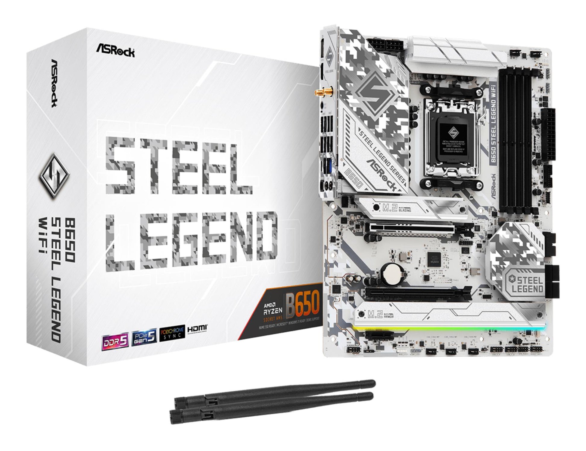 Peamine plaat|ASROCK|AMD B650|SAM5|ATX|Mälu DDR5|Mälu pesad 4|1xPCI-Express 3.0 16x|1xPCI-Express 4.0 1x|1xPCI-Express 5.0 16x|1xM.2|1xHDMI|1xDisplayPort|8xUSB 2.0|3xUSB 3.2|2xUSB-C|1xRJ45|2xAudio port|B650STEELLEGENDWIFI