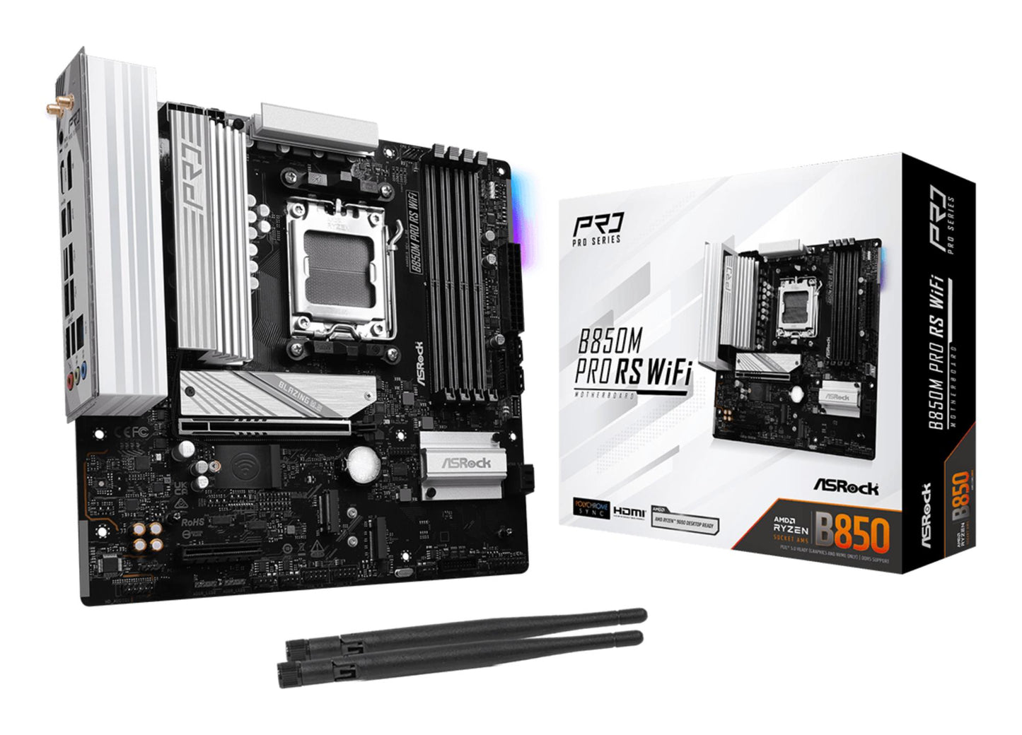 Mainboard|ASROCK|AMD B850|SAM5|Micro-ATX|Memory DDR5|Memory slots 4|1xPCI-Express 4.0 4x	|1xPCI-Express 5.0 16x|1xM.2|1xHDMI|1xDisplayPort|1xAudio-In|1xAudio-Out|1xMicrophone|4xUSB 2.0|3xUSB 3.2|1xUSB-C|1xRJ45|B850MPRORSWIFI