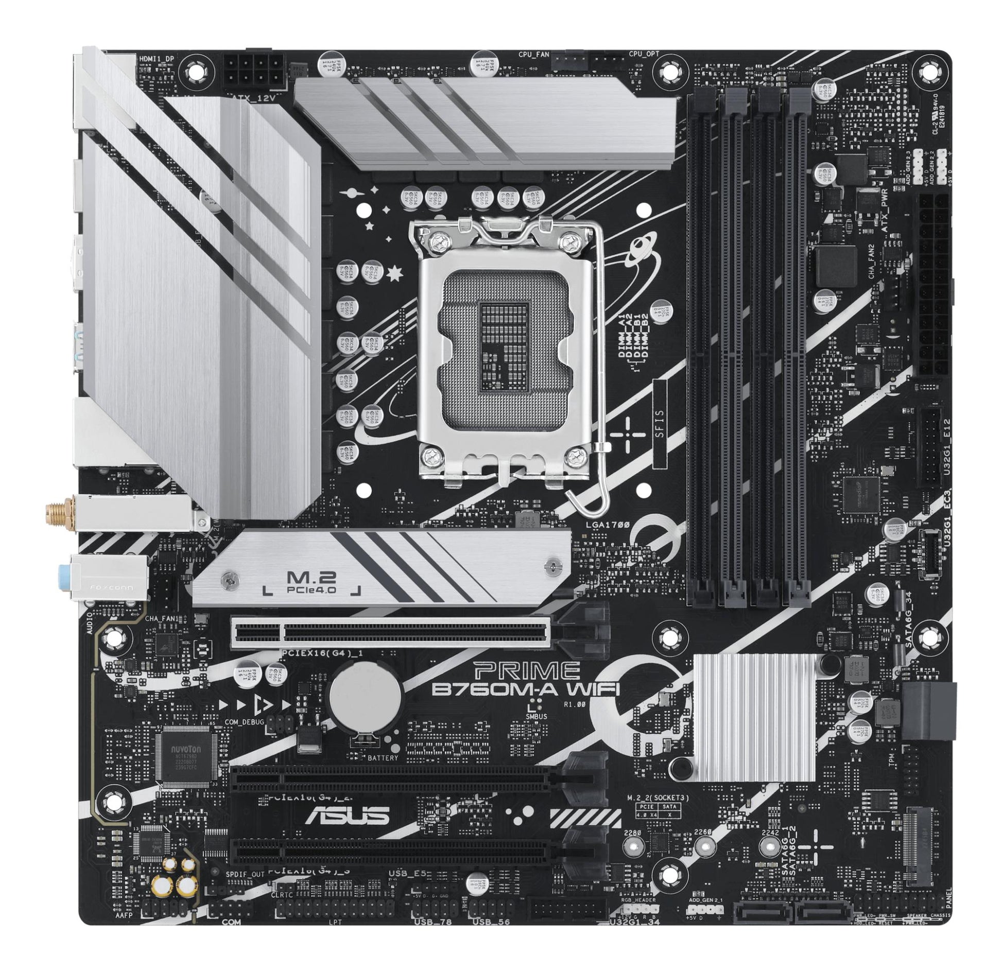 Mainboard|ASUS|Intel B760 Express|LGA1700|Micro-ATX|Memory DDR5|Memory slots 4|3xPCI-Express 4.0 16x|2xM.2|2xHDMI|1xDisplayPort|4xUSB 2.0|2xUSB 3.2|1xPS/2|1xRJ45|3xAudio port|PRIMEB760M-AWIFI