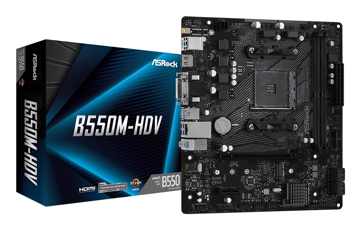 Mainboard|ASROCK|AMD B550|SAM4|MicroATX|1xPCI-Express 3.0 1x|1xM.2|1xPCI-Express 4.0 16x|Memory DDR4|Memory slots 2|1x15pin D-sub|1xDVI|1xHDMI|2xUSB 2.0|4xUSB 3.2|1xPS/2|1xRJ45|3xAudio port|B550M-HDV