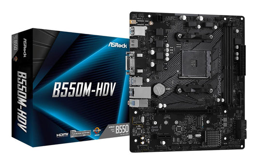 Mainboard|ASROCK|AMD B550|SAM4|MicroATX|1xPCI-Express 3.0 1x|1xM.2|1xPCI-Express 4.0 16x|Memory DDR4|Memory slots 2|1x15pin D-sub|1xDVI|1xHDMI|2xUSB 2.0|4xUSB 3.2|1xPS/2|1xRJ45|3xAudio port|B550M-HDV