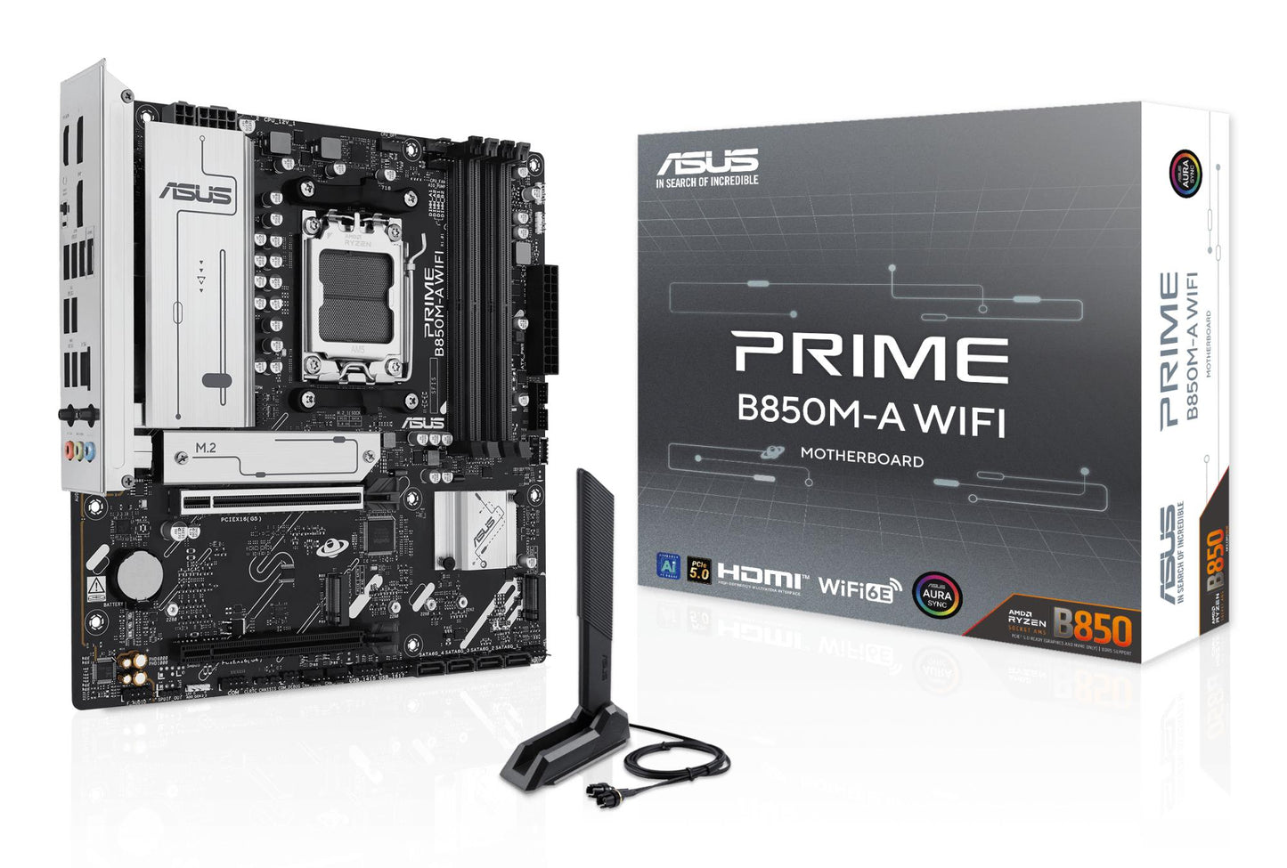 Peamine plaat|ASUS|AMD B850|SAM5|Micro-ATX|Mälu DDR5|Mälu pesad 4|1xPCI-Express 4.0 16x|1xPCI-Express 5.0 16x|3xM.2|1xHDMI|2xDisplayPort|4xUSB 2.0|4xUSB 3.2|1xRJ45|3xAudio port|PRIMEB850M-AWIFI