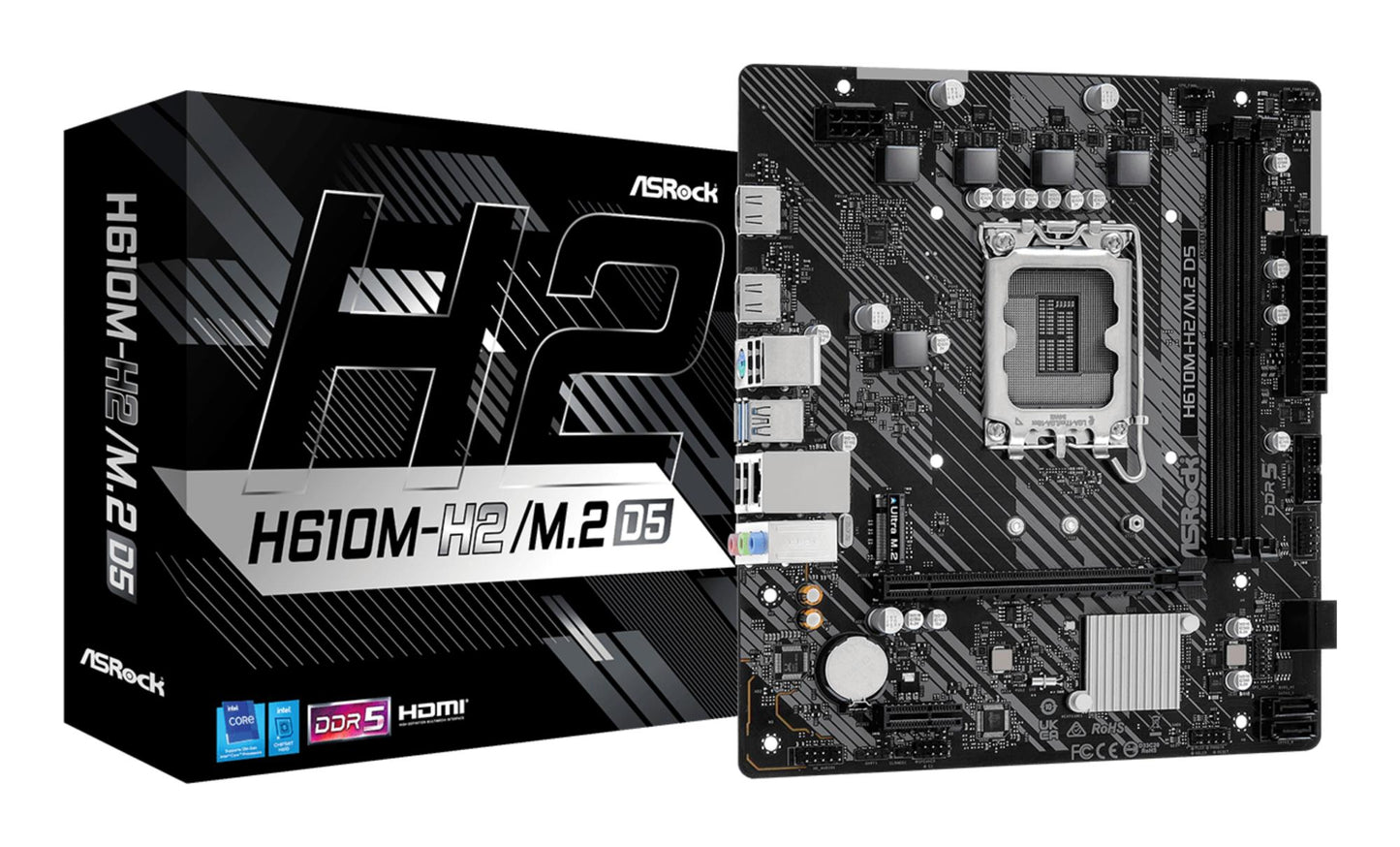 Mainboard|ASROCK|Intel H610|LGA1700|Micro-ATX|Memory DDR5|Memory slots 2|1xPCI-Express 3.0 1x|1xPCI-Express 4.0 16x|1xM.2|2xHDMI|4xUSB 2.0|2xUSB 3.2|1xPS/2|1xRJ45|3xAudio port|H610M-H2/M.2D5