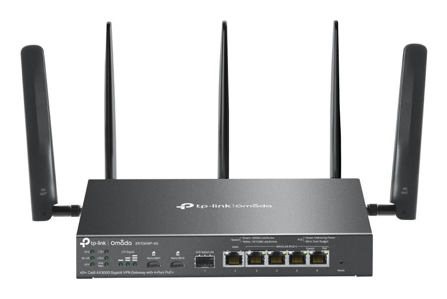Juhtmevaba ruuter|TP-LINK|ER706WP-4G|Andmeedastuskiirus 300 Mbit/s|Ethernet WAN Jah|DSL WAN Jah|SIM-kaardi pesa Jah|WAN-ühenduse tüüp RJ-45|Ethernet LAN Jah|Kaks SIM-kaarti toetav Jah|5xLAN pesa|USB pesa Jah|ER706WP-4G