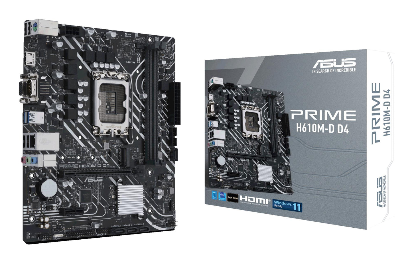 Mainboard|ASUS|Intel H610|LGA1700|MicroATX|Mälu DDR4|Mälu pesad 2|1xPCI-Express 3.0 1x|1xPCI-Express 4.0 16x|1xM.2|1x15pin D-sub|1xHDMI|2xAudio-In|1xAudio-Out|4xUSB 2.0|2xUSB 3.2|1xCOM|1xPS/2|1xRJ45|PRIMEH610M-DD4