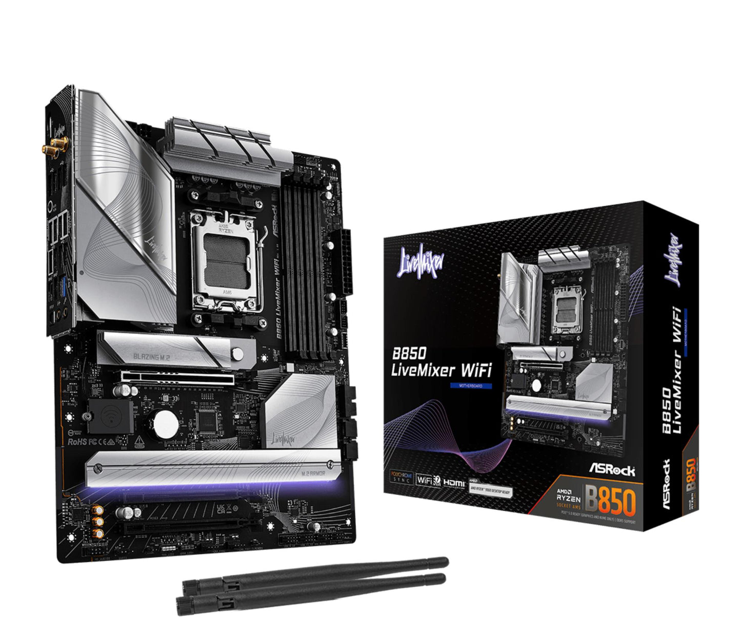 Peamine plaat|ASROCK|AMD B850|SAM5|ATX|Mälu DDR5|Mälu pesad 4|2xPCI-Express 4.0 16x|1xPCI-Express 5.0 16x|1xM.2|1xHDMI|1xDisplayPort|1xAudio-In|1xAudio-Out|2xUSB 2.0|1xUSB-C|1xOptiline S/PDIF|1xRJ45|B850LIVEMIXERWIFI