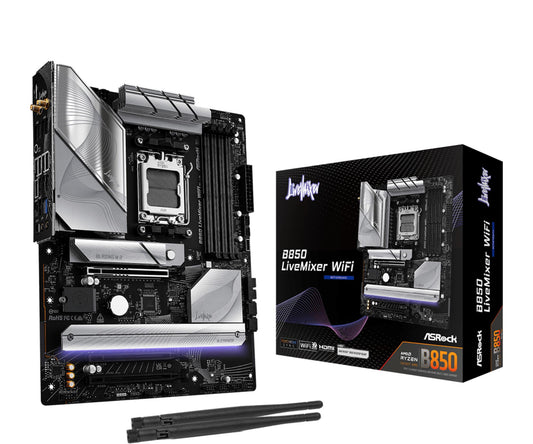 Mainboard|ASROCK|AMD B850|SAM5|ATX|Memory DDR5|Memory slots 4|2xPCI-Express 4.0 16x|1xPCI-Express 5.0 16x|1xM.2|1xHDMI|1xDisplayPort|1xAudio-In|1xAudio-Out|2xUSB 2.0|1xUSB-C|1xOptical S/PDIF|1xRJ45|B850LIVEMIXERWIFI