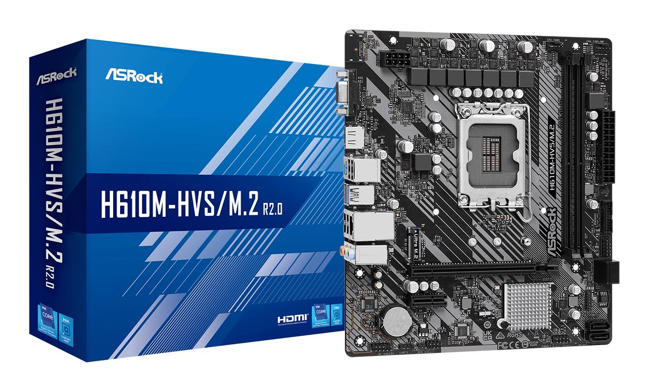 Mainboard|ASROCK|Intel H610|LGA1700|Micro-ATX|Memory DDR4|Memory slots 2|1xPCI-Express 3.0 1x|1xPCI-Express 4.0 16x|1xM.2|1x15pin D-sub|1xHDMI|1xAudio-In|1xAudio-Out|1xMicrophone|4xUSB 2.0|2xUSB 3.2|1xPS/2|1xRJ45|H610M-HVS/M.2R2.0
