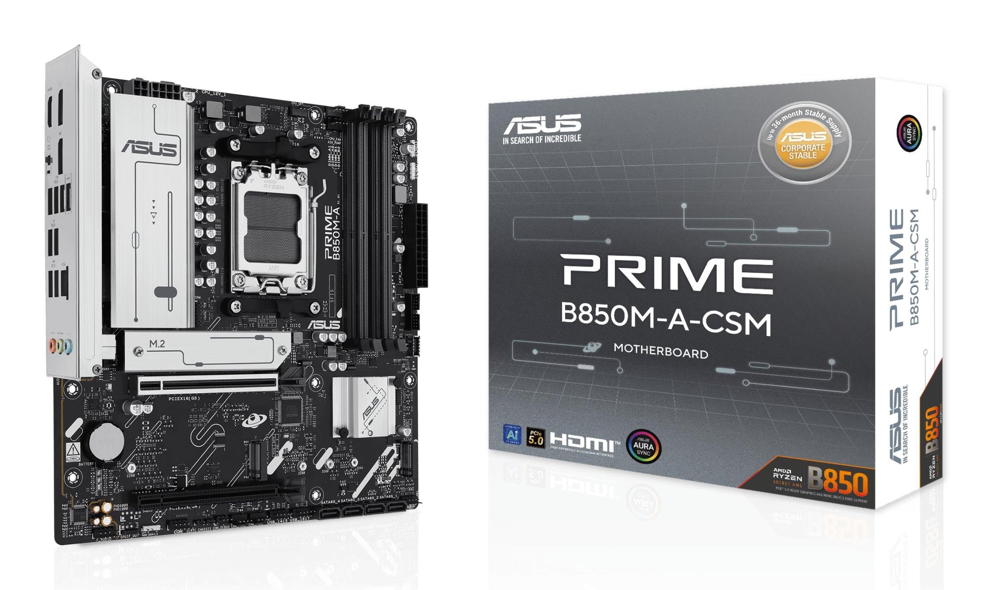 Mainboard|ASUS|AMD B850|SAM5|Micro-ATX|Memory DDR5|Memory slots 4|1xPCI-Express 4.0 16x|1xPCI-Express 5.0 16x|3xM.2|1xHDMI|2xDisplayPort|4xUSB 2.0|4xUSB 3.2|1xRJ45|3xAudio port|PRIMEB850M-A-CSM