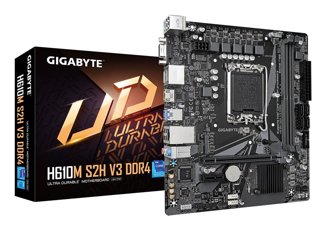 Peamine plaat|GIGABYTE|Intel H610|LGA1700|Micro-ATX|Mälu DDR4|Mälu pesad 2|1xPCI-Express 3.0 1x|1xPCI-Express 4.0 16x|1xM.2|1x15pin D-sub|1xHDMI|2xDisplayPort|4xUSB 2.0|2xUSB 3.2|1xPS/2|1xRJ45|3xAudio port|H610MS2HV3DDR4