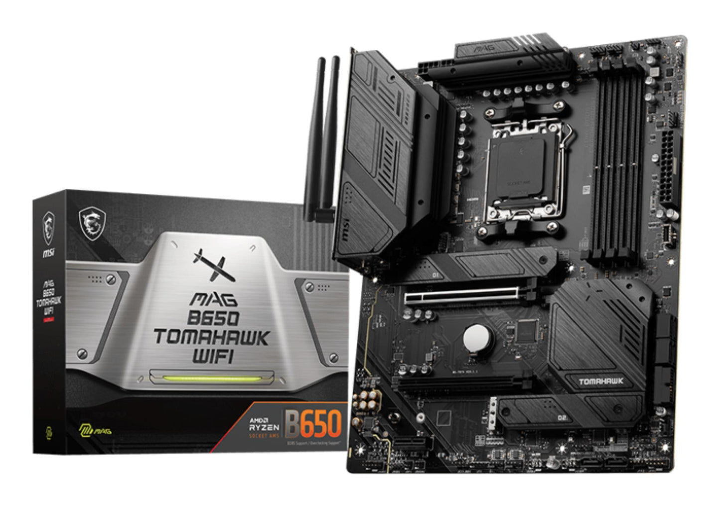 Mainboard|MSI|AMD B650|SAM5|ATX|Memory DDR5|Memory slots 4|1xPCI-Express 1x|2xPCI-Express 16x|3xM.2|1xHDMI|1xDisplayPort|2xUSB 2.0|7xUSB 3.2|1xUSB-C|1xOptical S/PDIF|1xRJ45|5xAudio port|MAGB650TOMAHAWKWIFI