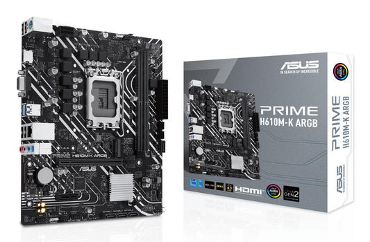 Mainboard|ASUS|Intel H610|LGA1700|Micro-ATX|Memory DDR5|Memory slots 2|1xPCI-Express 3.0 1x|1xPCI-Express 4.0 16x|1xM.2|1x15pin D-sub|1xHDMI|1xAudio-In|1xAudio-Out|1xMicrophone|4xUSB 2.0|2xUSB 3.2|1xPS/2|1xRJ45|PRIMEH610M-KARGB
