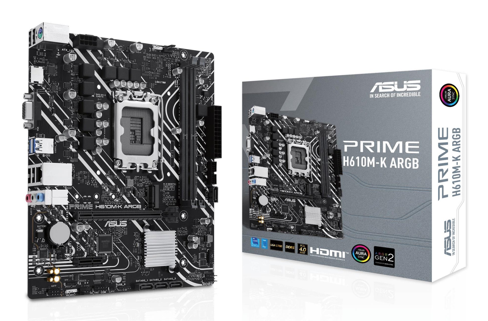 Mainboard|ASUS|Intel H610|LGA1700|Micro-ATX|Memory DDR5|Memory slots 2|1xPCI-Express 3.0 1x|1xPCI-Express 4.0 16x|1xM.2|1x15pin D-sub|1xHDMI|1xAudio-In|1xAudio-Out|1xMicrophone|4xUSB 2.0|2xUSB 3.2|1xPS/2|1xRJ45|PRIMEH610M-KARGB