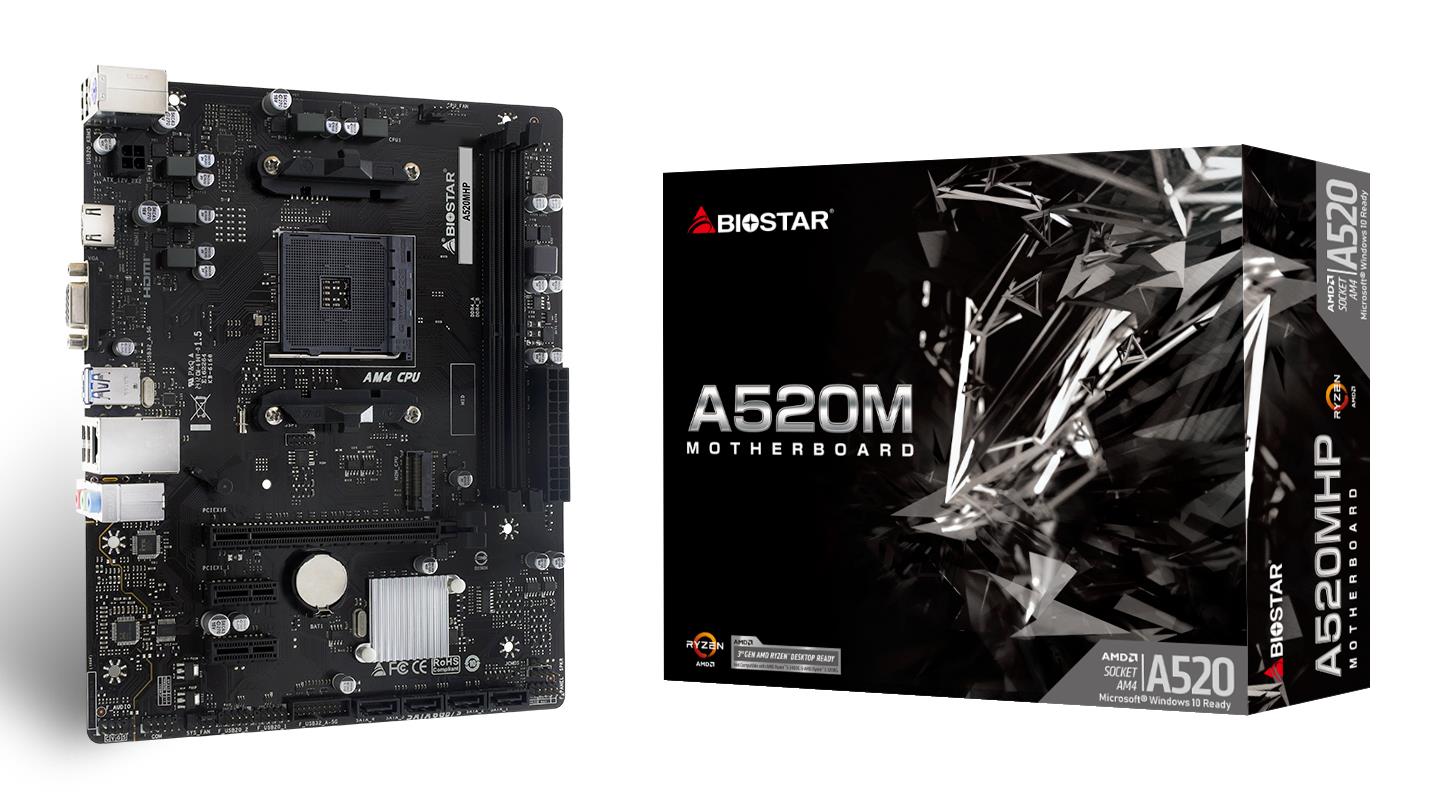 Peamine plaat|BIOSTAR|AMD A520|SAM4|Micro-ATX|Mälu DDR4|Mälu pesad 2|2xPCI-Express 3.0 1x|1xPCI-Express 3.0 16x|1xM.2|1x15pin D-sub|1xHDMI|4xUSB 2.0|2xUSB 3.2|1xPS/2|1xRJ45|3xAudio port|A520MHP