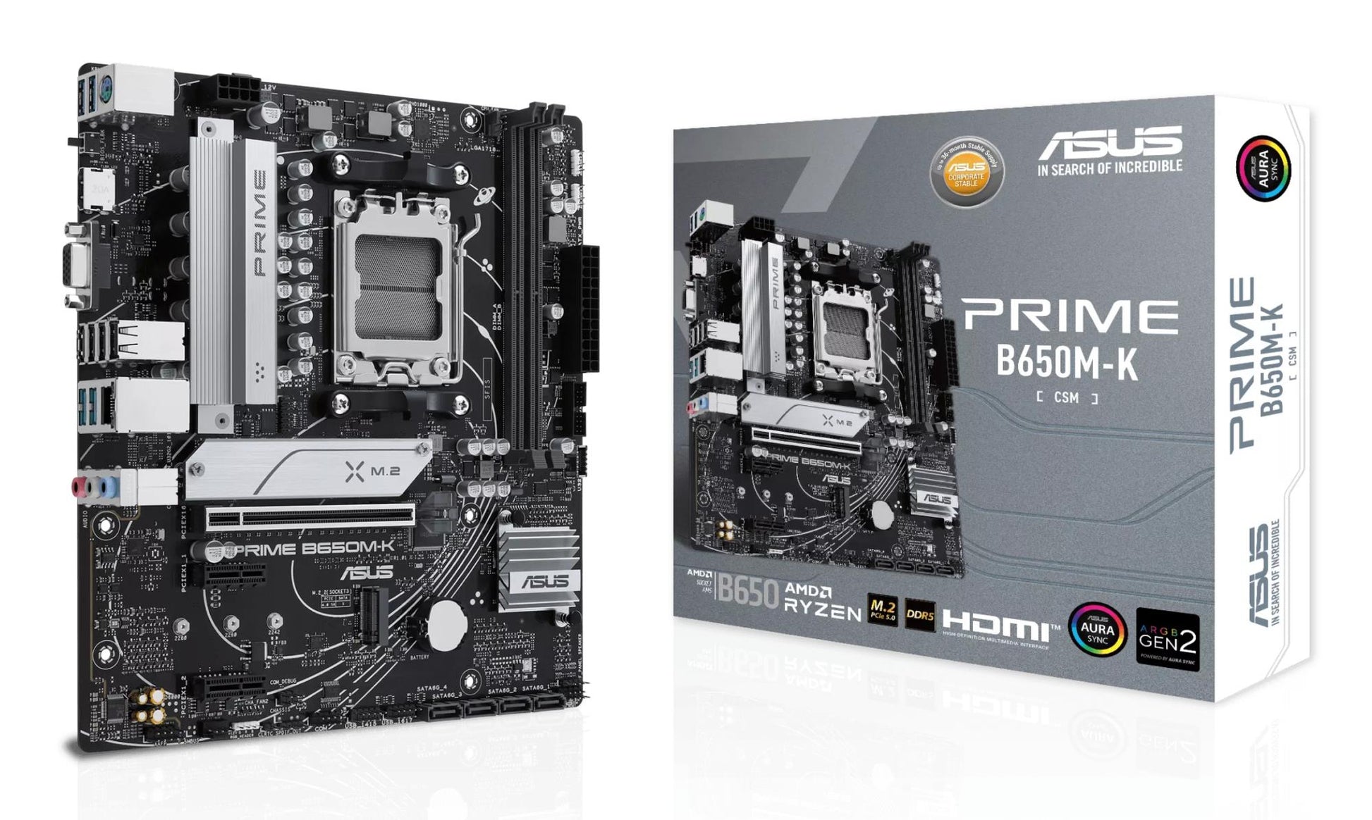 Peamine plaat|ASUS|AMD B650|SAM5|Micro-ATX|Mälu DDR5|Mälu pesad 2|2xPCI-Express 4.0 1x|1xPCI-Express 4.0 16x|2xM.2|1x15pin D-sub|1xHDMI|4xUSB 2.0|4xUSB 3.2|1xPS/2|1xRJ45|3xAudio port|PRIMEB650M-K